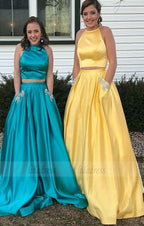 Two Piece Round Neck Yellow Satin Prom Dress