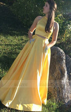 Two Piece Round Neck Yellow Satin Prom Dress
