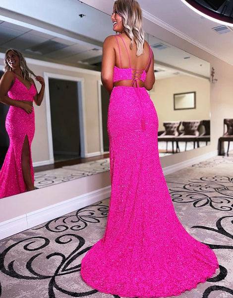 Mermaid Sequin Two Piece Long Prom Dresses,BD930614