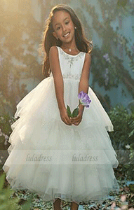 Tea Length Flower Girl Dresses Children Birthday Dress Tulle Lace