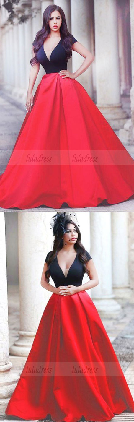 Red V-neck Short Sleeves Sweep Train Pleated A-line Prom Dress