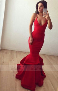 Spaghetti-strap Ruffles Sexy Long Red Sleeveless Prom Dress,BD99906