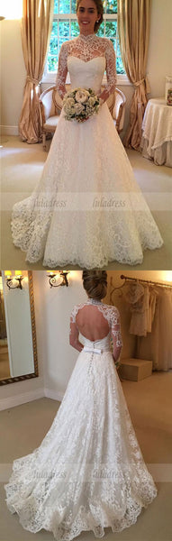 Long Sleeves Bridal Gowns, Sweep Train Bridal Dresses, Lace Wedding Dresses with Sash,BD99604