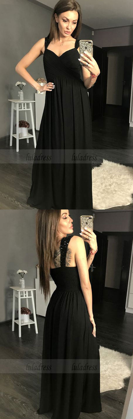 A-Line Straps Floor-Length Black Prom Dress with Beading Ruched