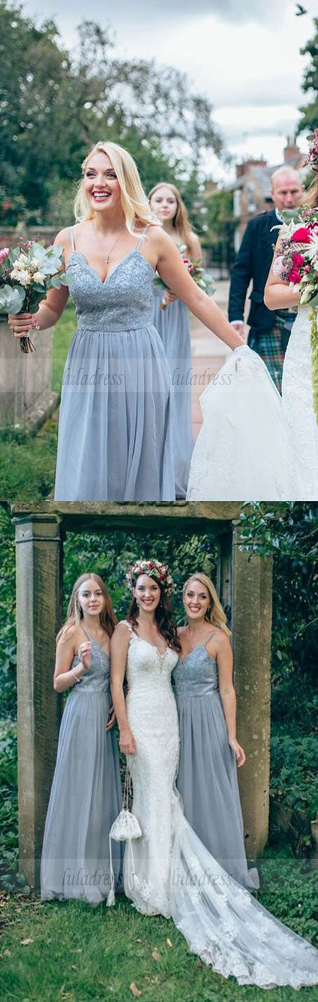 A-Line Spaghetti Straps Grey Bridesmaid Dress with Beading Lace