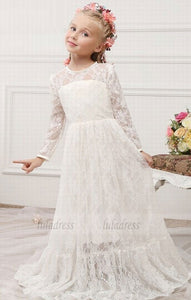 Lace Flower Girl Dresses Sheer Jewel Long Sleeves Cute Floor Length Girls First Communion Dresses,BD99592