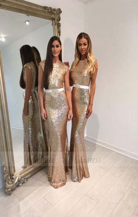 Sleeveless Gold Sequin Floor Length Bridesmaid Dress with Crystal Embe – luladress