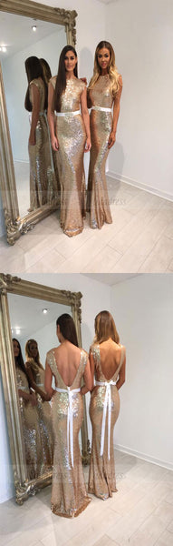 Sleeveless Gold Sequin Floor Length Bridesmaid Dress with Crystal Embellished Sash,BD98286
