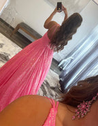 A Line Pink Cute One-Shoulder Backless Long Prom Dresses