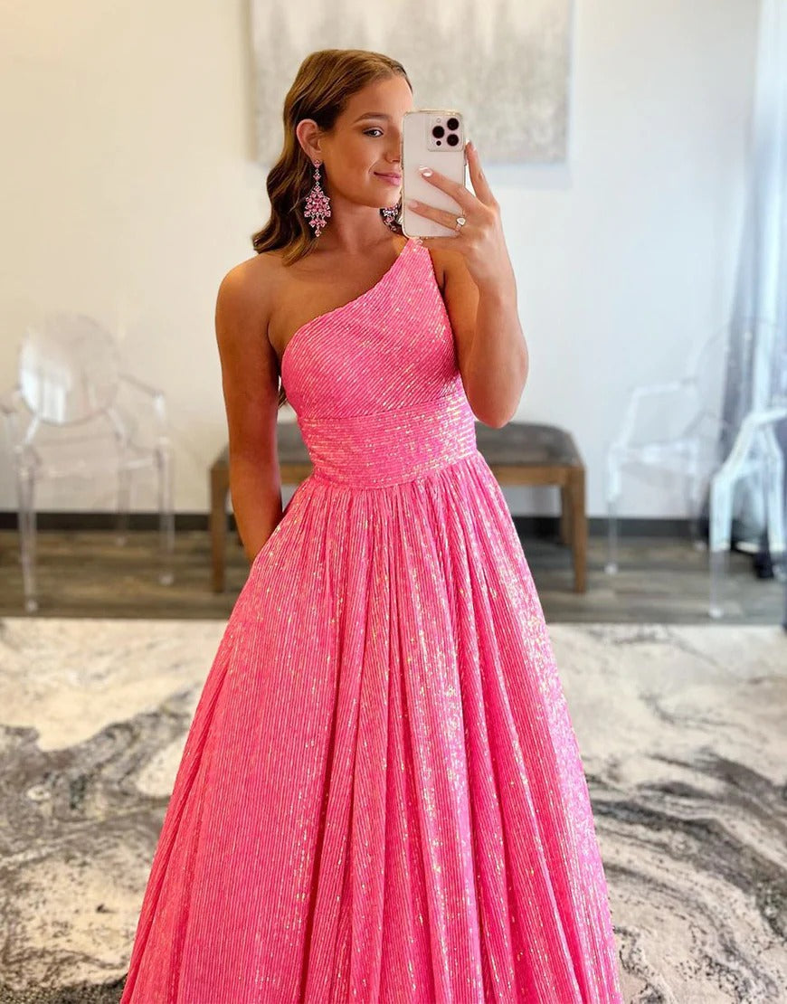 A Line Pink Cute One-Shoulder Backless Long Prom Dresses