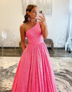 A Line Pink Cute One-Shoulder Backless Long Prom Dresses