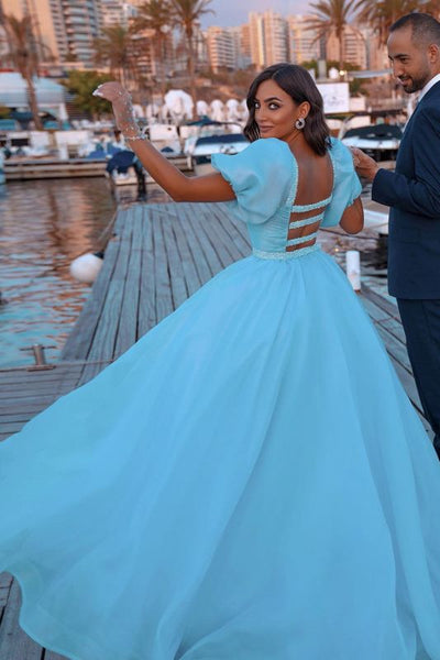 Glamorous Tulle Lake Blue Sequins Mermaid Prom Dresses With Detachable,PD21052
