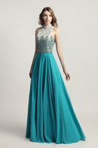 Aquamarine Chiffon Long Evening Dress Beading Top Prom Dress