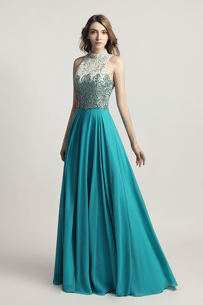 Aquamarine Chiffon Long Evening Dress Beading Top Prom Dress, LX419
