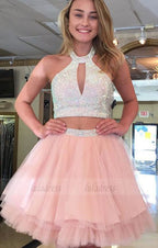 Two Piece Halter Backless Above-Knee Pink Tiered Homecoming Dress with Beading