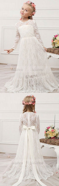 Lace Flower Girl Dresses Sheer Jewel Long Sleeves Cute Floor Length Girls First Communion Dresses,BD99592