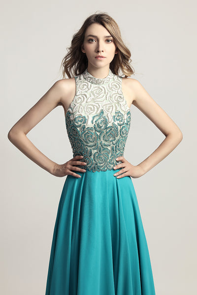 Aquamarine Chiffon Long Evening Dress Beading Top Prom Dress, LX419