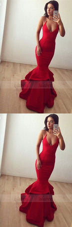 Spaghetti-strap Ruffles Sexy Long Red Sleeveless Prom Dress
