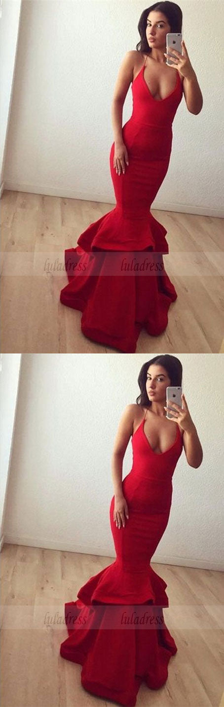 Spaghetti-strap Ruffles Sexy Long Red Sleeveless Prom Dress
