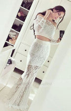 Two Piece Mermaid Off the Shoulder Long Sleeves Lace Prom Dress