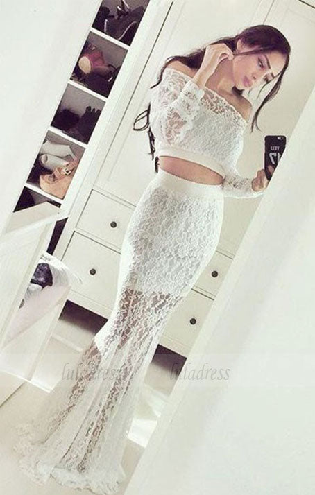 Two Piece Mermaid Off the Shoulder Long Sleeves Lace Prom Dress,BD99778