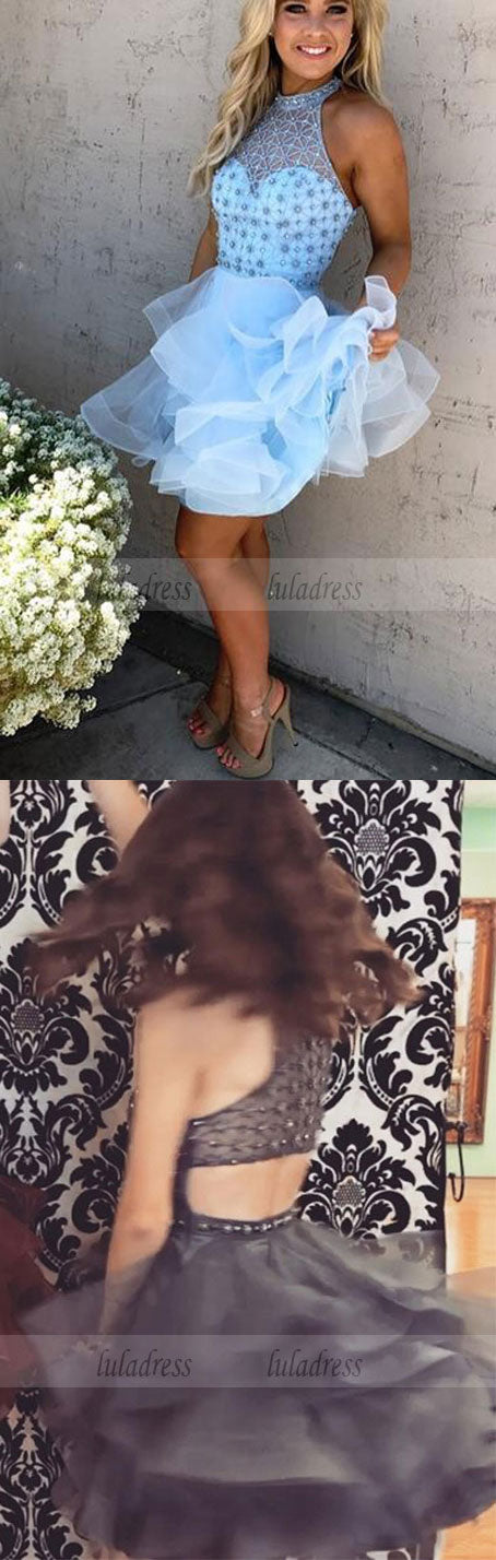 beading homecoming dress, short high neck prom dresses