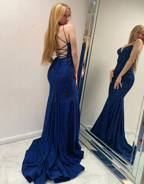 Navy Spaghetti Straps Backless Mermaid Prom Dresses,BD930671