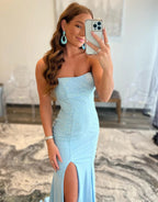 Sexy Light Blue Tight Strapless Long Prom Dresses with Split