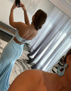 Sexy Light Blue Tight Strapless Long Prom Dresses with Split