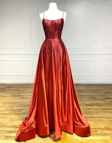 Red Satin Beaded Long Prom Dresses,BD930663