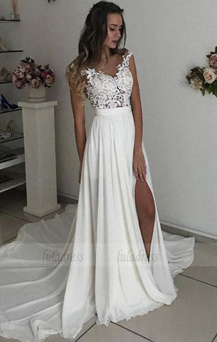White V Neck Lace Tulle Long Prom Dress, Wedding Dress,BD98084
