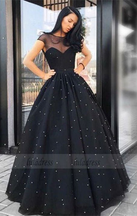 A-Line Round Neck Floor-Length Black Tulle Prom Dress with Pearls,BD98669