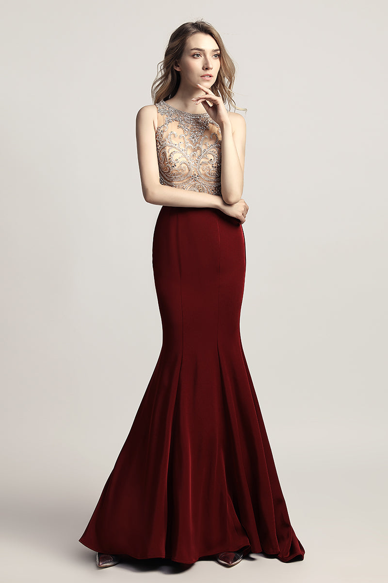 Burgundy Elegant Mermaid Long Evening Dress Beading Prom Dress, LX414