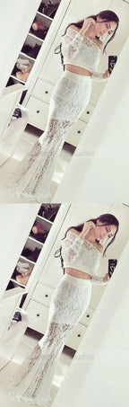 Two Piece Mermaid Off the Shoulder Long Sleeves Lace Prom Dress