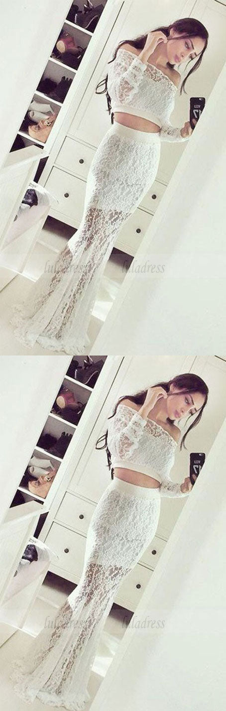 Two Piece Mermaid Off the Shoulder Long Sleeves Lace Prom Dress