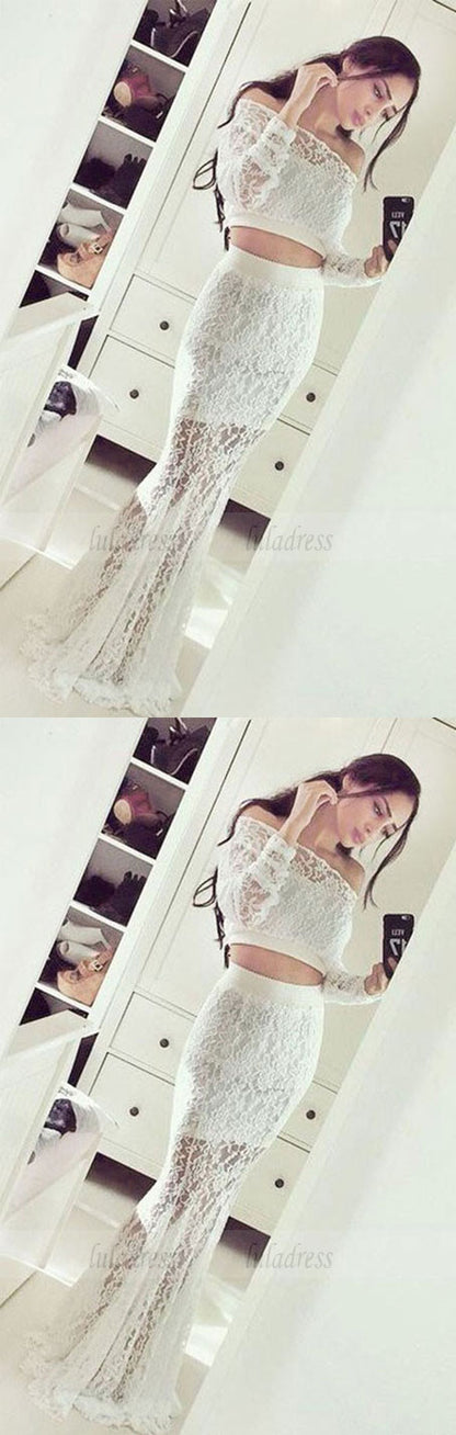 Two Piece Mermaid Off the Shoulder Long Sleeves Lace Prom Dress