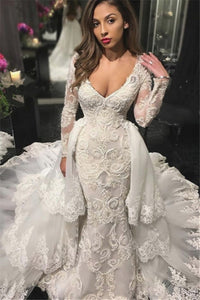 V-neck Beads Appliques Wedding Dresses with Sleeves | Mermaid Overskirt Sexy Bride Dresses,WD21003