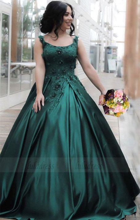 Hunter Green Lace Flowers Embroidery Satin Ball Gowns,BD99645