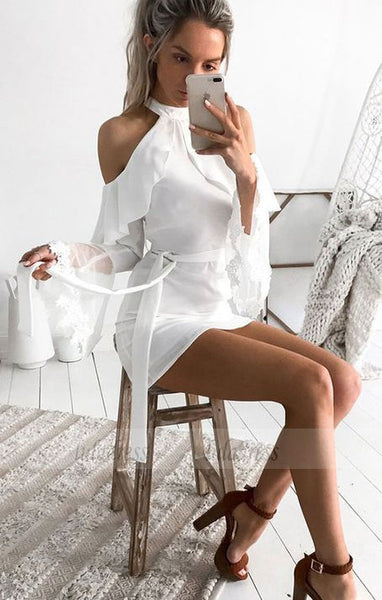 Long Sleeves White Short Homecoming Dress with Ruffles Sash,BD99491