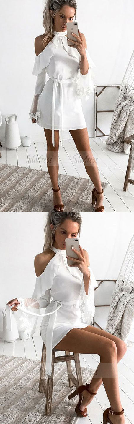 Long Sleeves White Short Homecoming Dress with Ruffles Sash