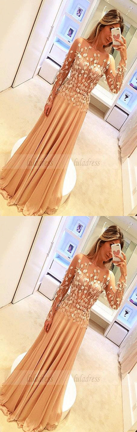 Prom Dresses,Prom Dress,Chiffon Appliques Gorgeous Long-Sleeve Long Prom Dresses