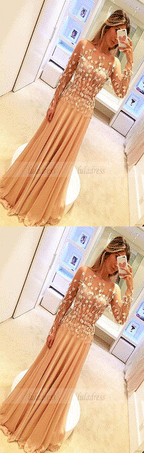 Prom Dresses,Prom Dress,Chiffon Appliques Gorgeous Long-Sleeve Long Prom Dresses