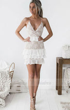 V-Neck Criss-Cross Straps Short White Chiffon Homecoming Cocktail Dress