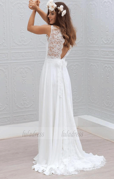 Elegant Bowknot Wedding Dresses,Chiffon V-Neck Wedding Gowns,Lace Sleeveless White Wedding Dress,BD99531