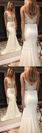 Mermaid Spaghetti Straps Sweep Train Ivory Prom Dress with Beading