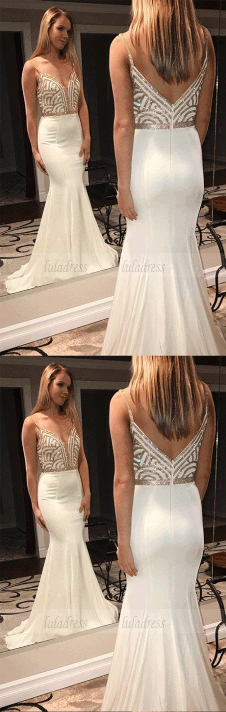Mermaid Spaghetti Straps Sweep Train Ivory Prom Dress with Beading