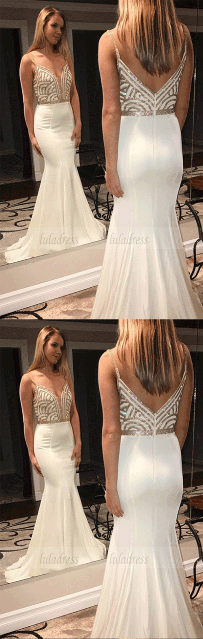 Mermaid Spaghetti Straps Sweep Train Ivory Prom Dress with Beading