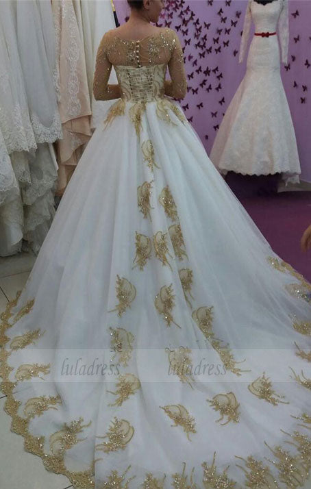 Gold Lace Appliques White Tulle Long Sleeves Bridal Ball Gown Wedding Gold Lace Appliques White Tulle Long Sleeves Bridal Ball Gown Wedding