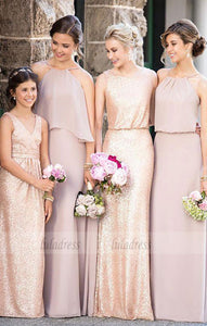 Cheap Mismatched Dark Gold Sequin Long Bridesmaid Dresses, Affordable Unique Custom Long Bridesmaid Dresses,BD99542