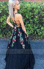 Charming Black A-Line Tulle Deep V-Neck Backless Applique Prom Dress